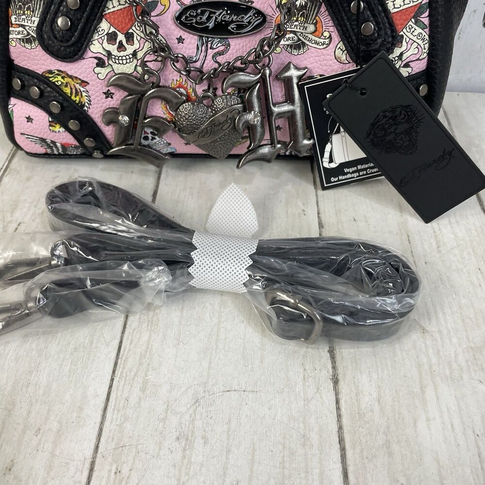 Ed Hardy Pink/Black Skull Tattoo Satchel Purse Studded Embroidered Zip Charm NWT - Picture 5 of 13